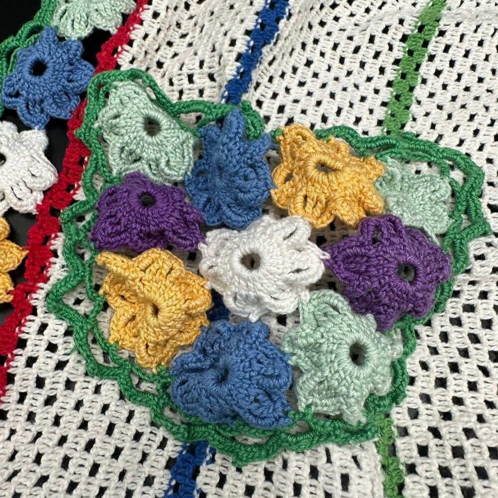 Vintage Floral Apron Handmade Crochet Knitted Flowers Rainbow Stripes Retro - Picture 5 of 7